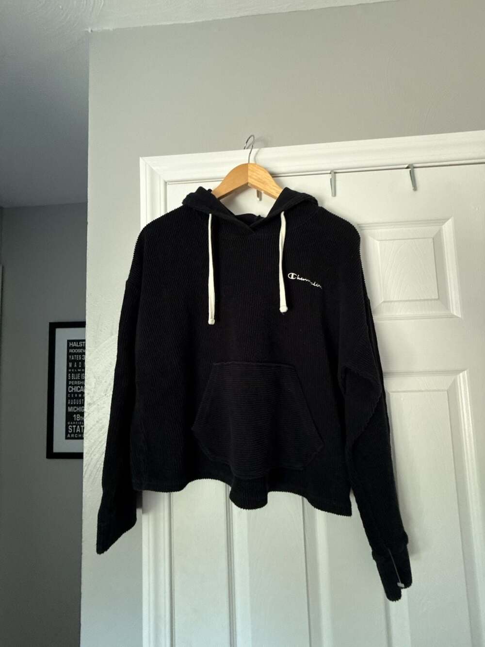 Champion Women's Ribbed Pullover Hoodie Sweatshirt in Black